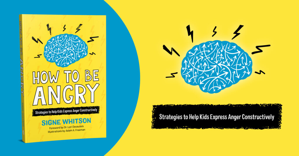 Image of the cover of How to Be Angry: a yellow background with a blue brain. 