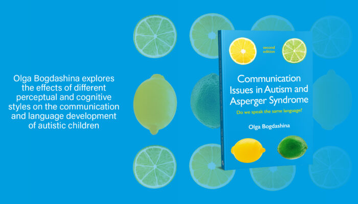 A blue background with different images of lemons and limes as well as the cover of the book, with the text 'Olga Bogdashina explores the effects of different perceptual and cognitive styles on the communication and language development of autistic children.'