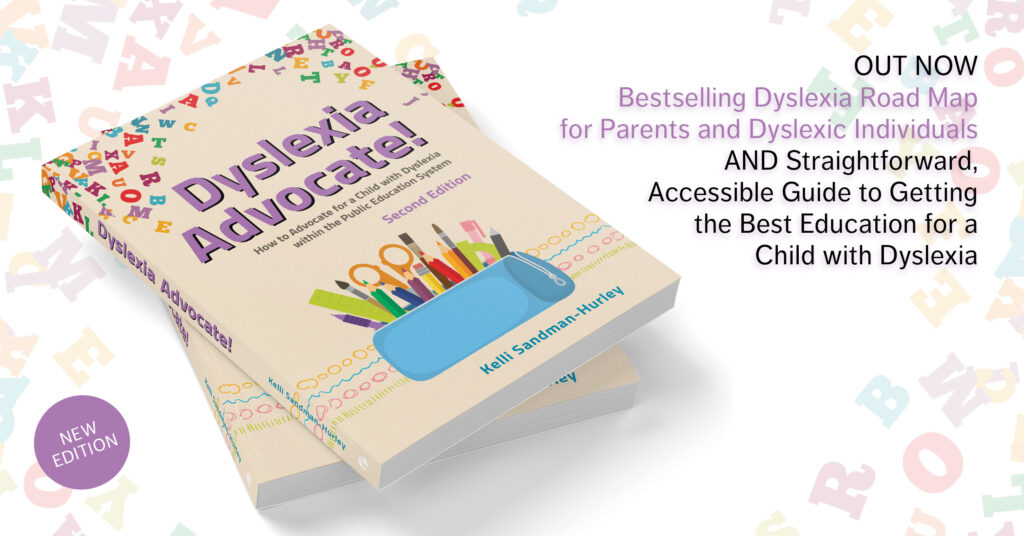 Image of cover of Dyslexia Advocate: a beige background with rainbow alphabet letters on the top and a blue pencil case with writing instruments on the bottom. 