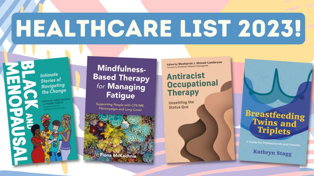 A patterned background in pink, blue and yellow with the title 'Healthcare List 2023!' in capitals and 4 book covers below.