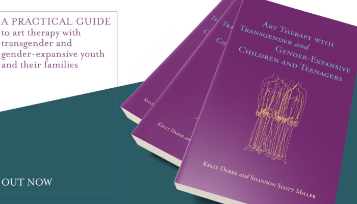 Text: "A practical guide to art therapy with transgender and gender-expansive youth and their families" photo on right: three books stacked on top of each other with a purple cover and title: Art Therapy with Transgender and Gender-Expansive Children and Teenagers bottom of photo: text saying "out now"