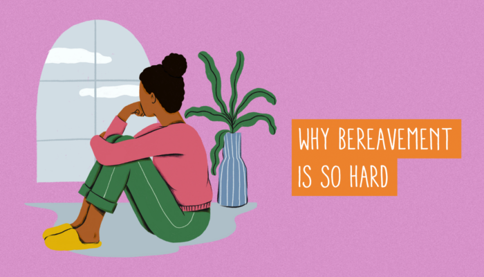 An illustration of a young girl looking pensively out of a window alongside a plant pot and the copy 'Why bereavement is so hard'